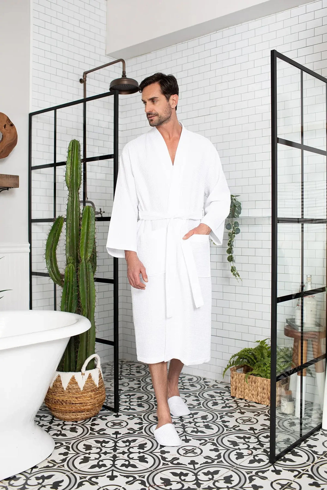  Waffle Kimono Spa Bathrobe for Men - Absorbent, Lightweight - Lotus Linen