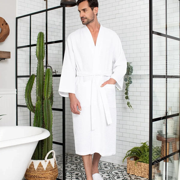 Waffle Kimono Spa Bathrobe for Men - Absorbent, Lightweight - Lotus Linen