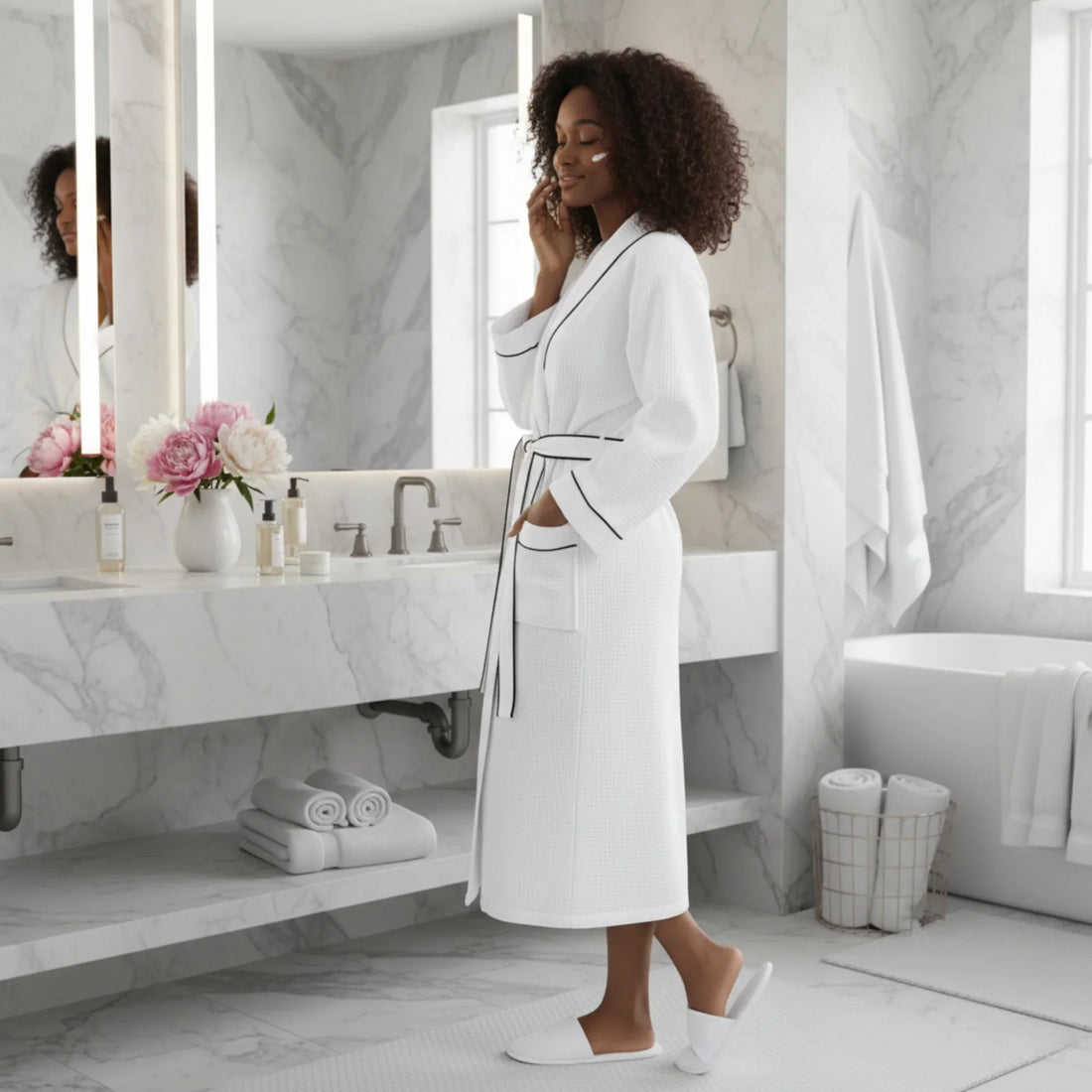Women’s Waffle Piping Bathrobe – Lightweight Spa-Style Comfort - Lotus Linen