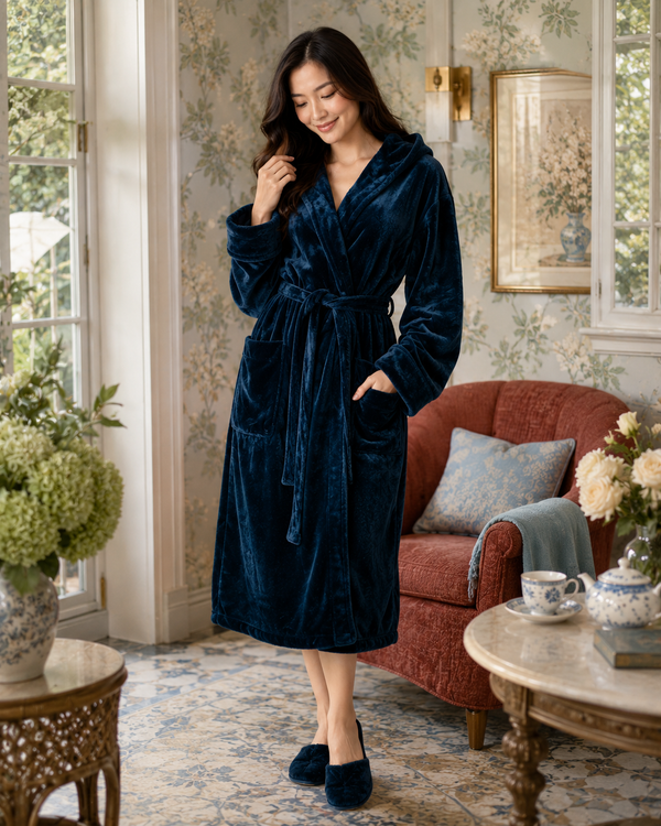 Women’s Plush Hooded Robe - Spa-Worthy Comfort at Home - Hooded Navy