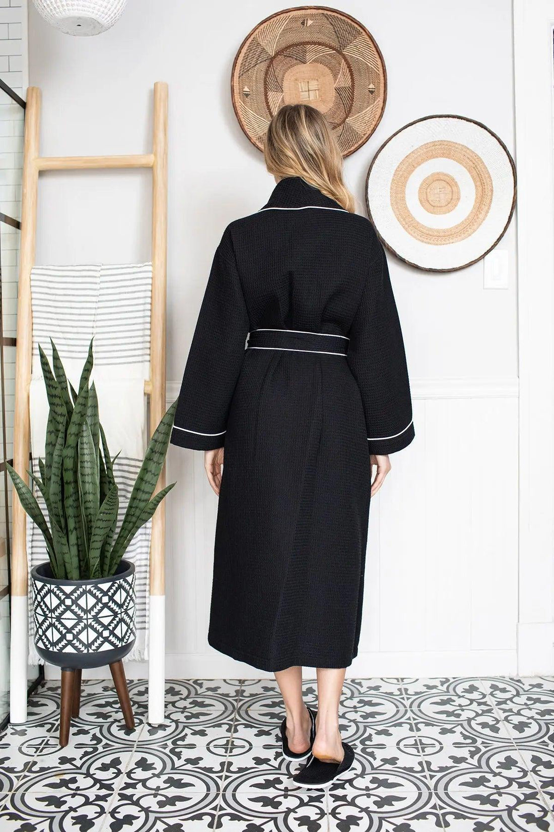 Women’s Waffle Piping Bathrobe – Lightweight Spa-Style Comfort - Lotus Linen
