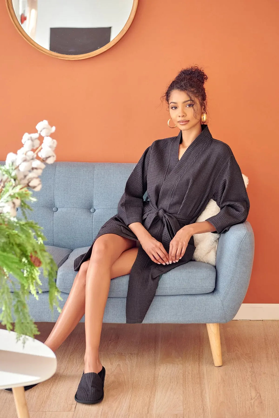 Knee-Length Waffle Kimono Robe for Women - Lotus Linen