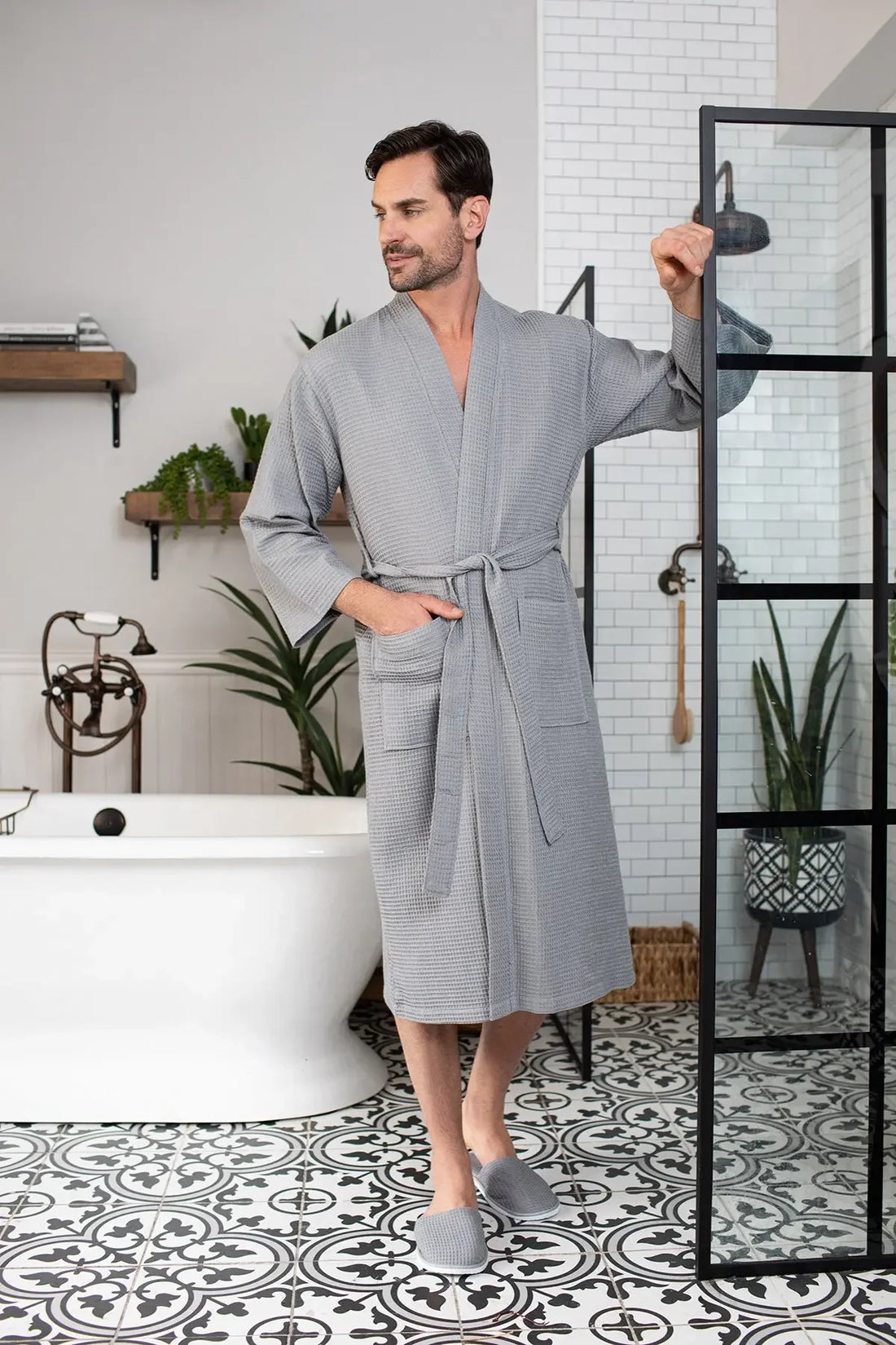 Waffle Kimono Spa Bathrobe for Men - Absorbent, Lightweight - Lotus Linen