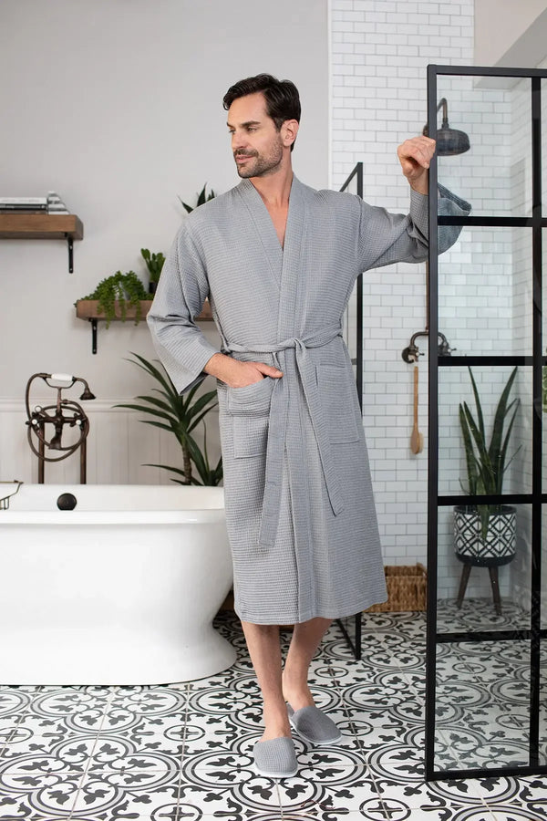 Waffle Spa Bathrobe for Men -  Absorbent, Lightweight - Grey