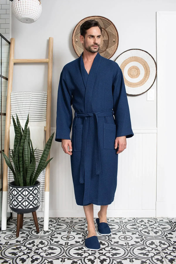 Waffle Spa Bathrobe for Men - Absorbent, Lightweight - Navy