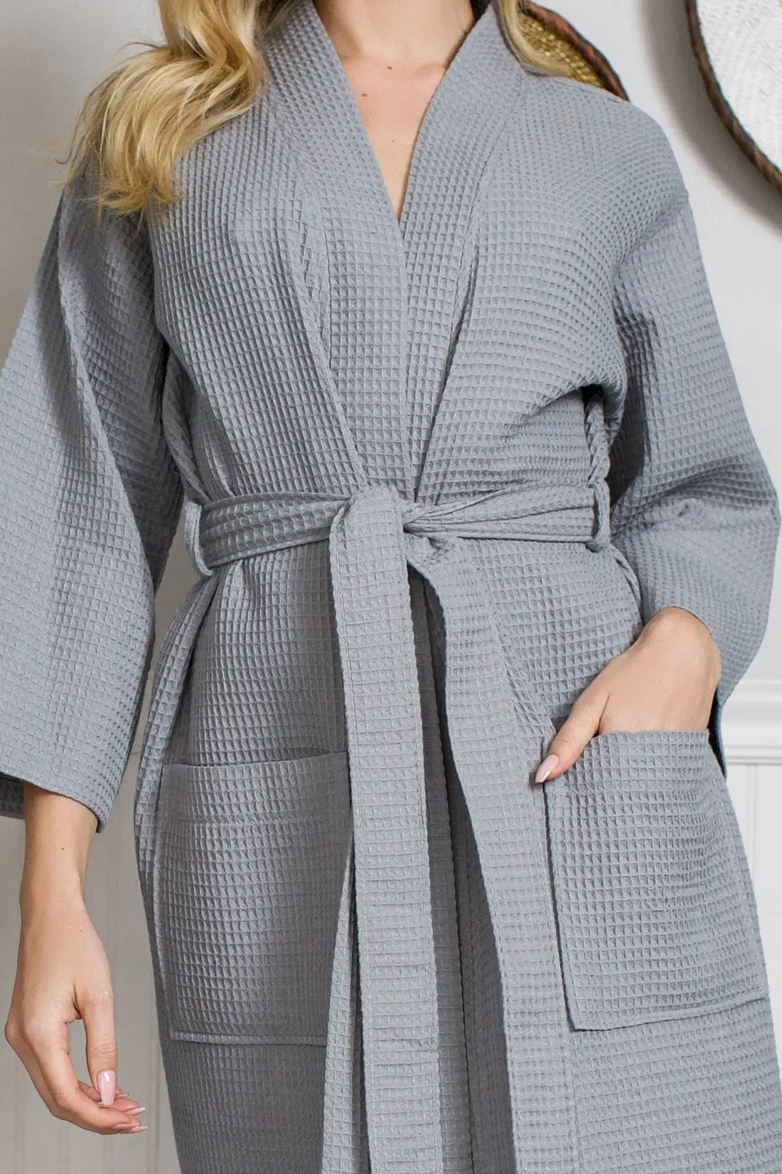 Knee-Length Waffle Kimono Robe for Women - Lotus Linen