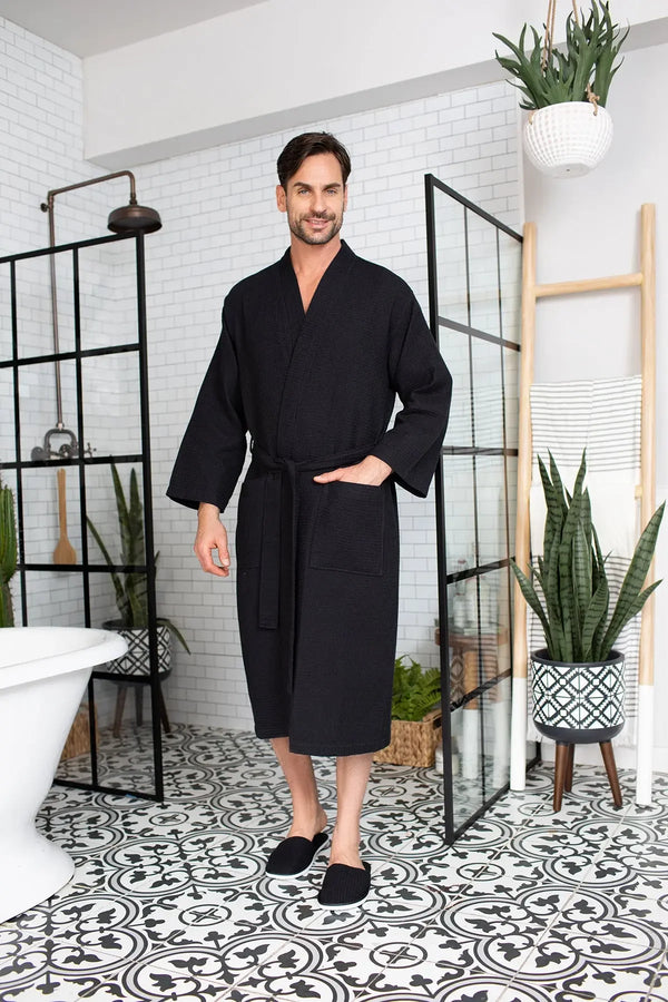 Waffle Spa Bathrobe for Men -  Absorbent, Lightweight - Black
