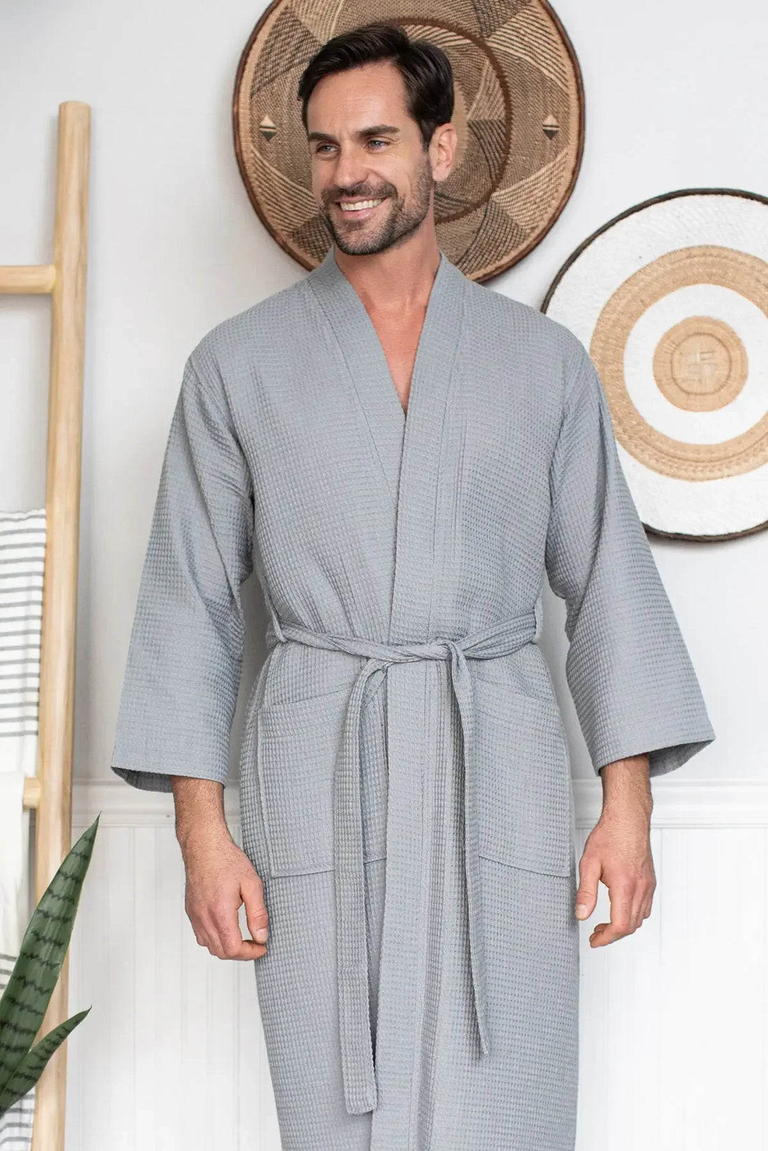 Waffle Kimono Spa Bathrobe for Men - Absorbent, Lightweight - Lotus Linen