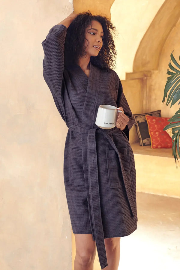 Knee-Length Waffle Robe for Women - Darkgrey