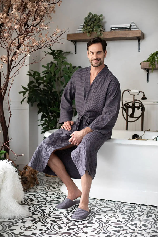 Waffle Spa Bathrobe for Men -  Absorbent, Lightweight - Charcoal