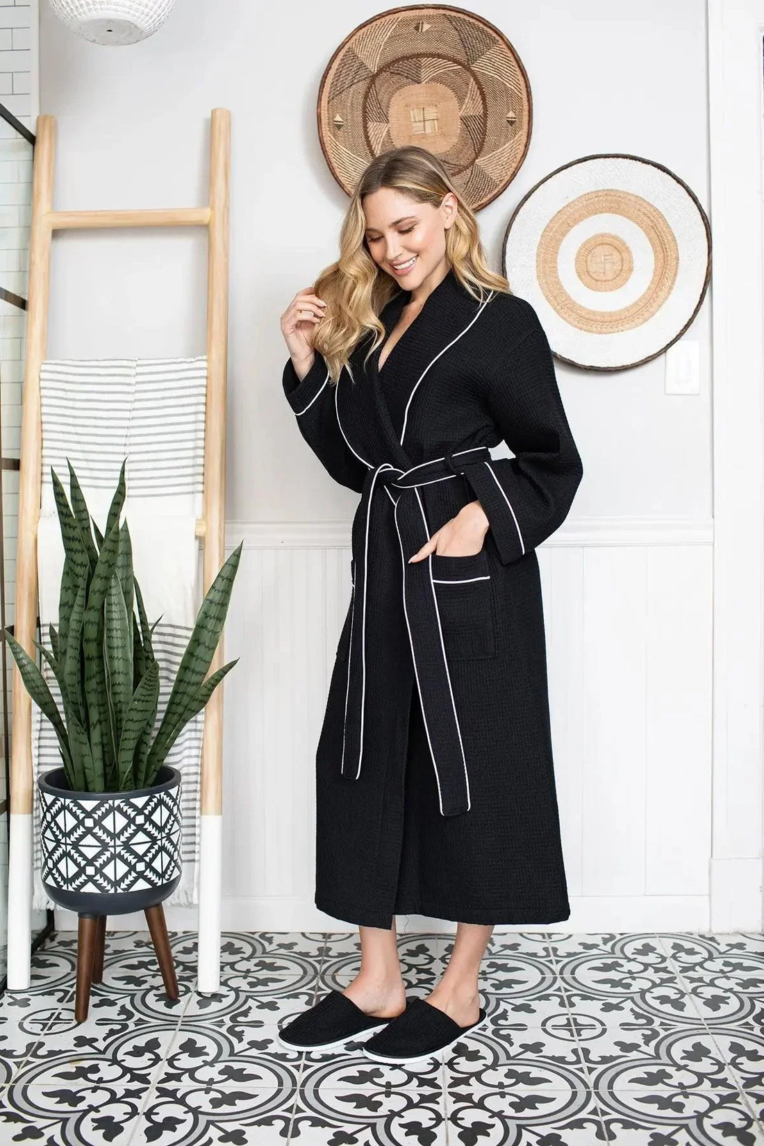 Women’s Waffle Piping Bathrobe – Lightweight Spa-Style Comfort - Lotus Linen
